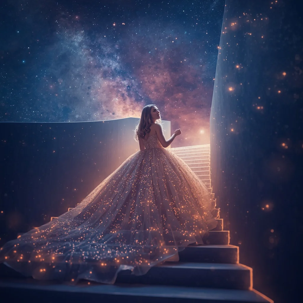 Beautiful Girl in Ball Gown on Celestial Staircase to Stars | Traditional prompt for girl in english — AI image prompt