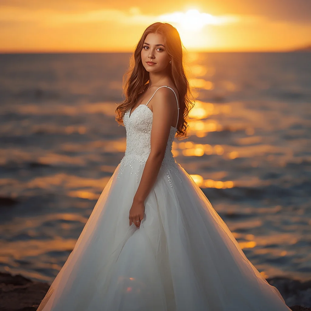 Beautiful Girl in Bridal Gown by Ocean with Sunset Glow | prompt for Gemini AI girl style trending Instagram