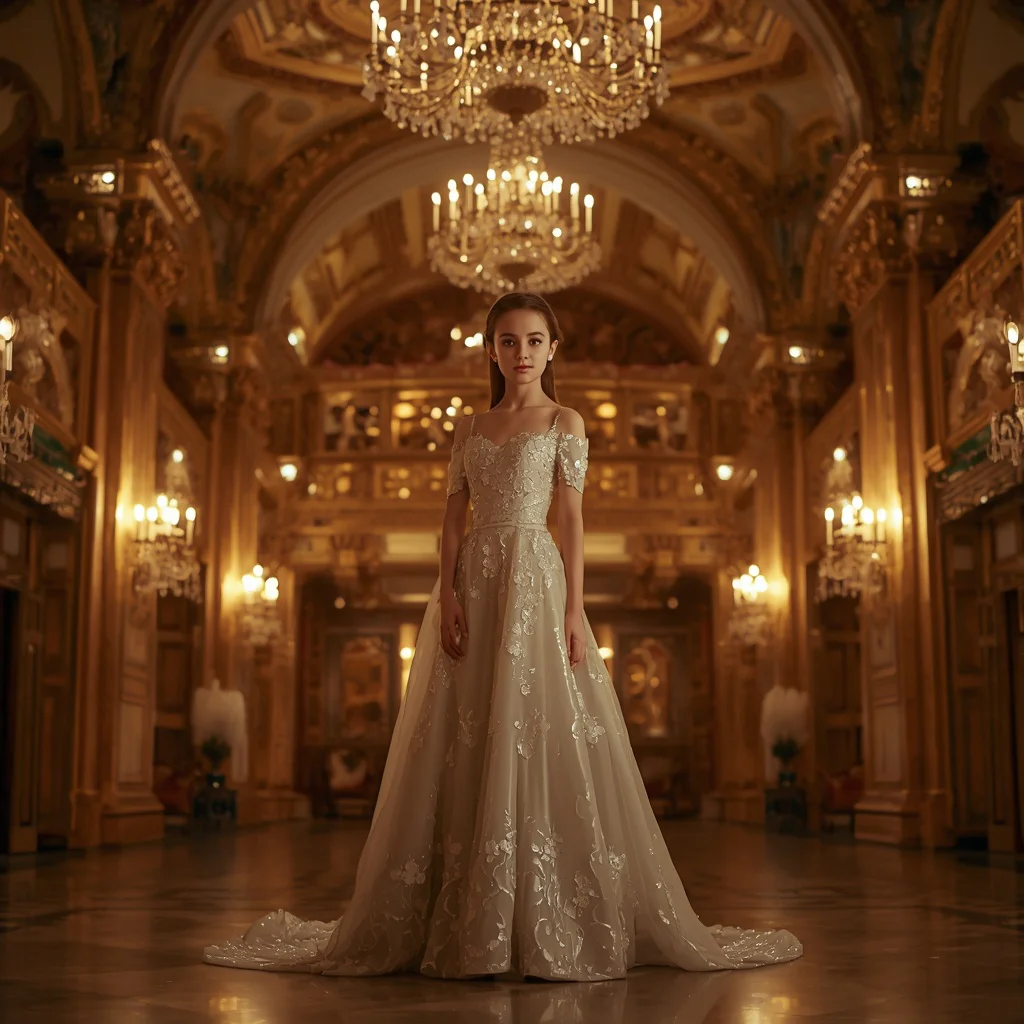 Beautiful Girl in Evening Gown at Opera House Elegant Night | Gemini girl photo prompt Indian style