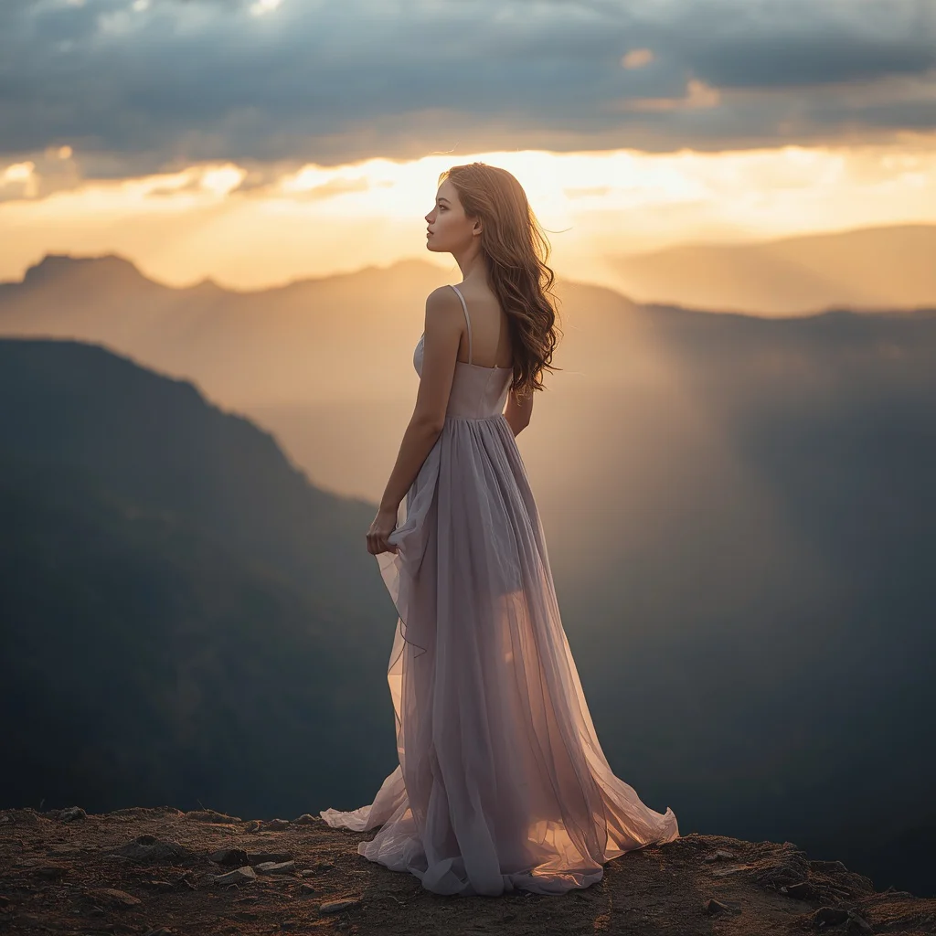 Beautiful Girl in Flowing Dress on Mountain Overlook Sunrise | Traditional prompt for girl in english