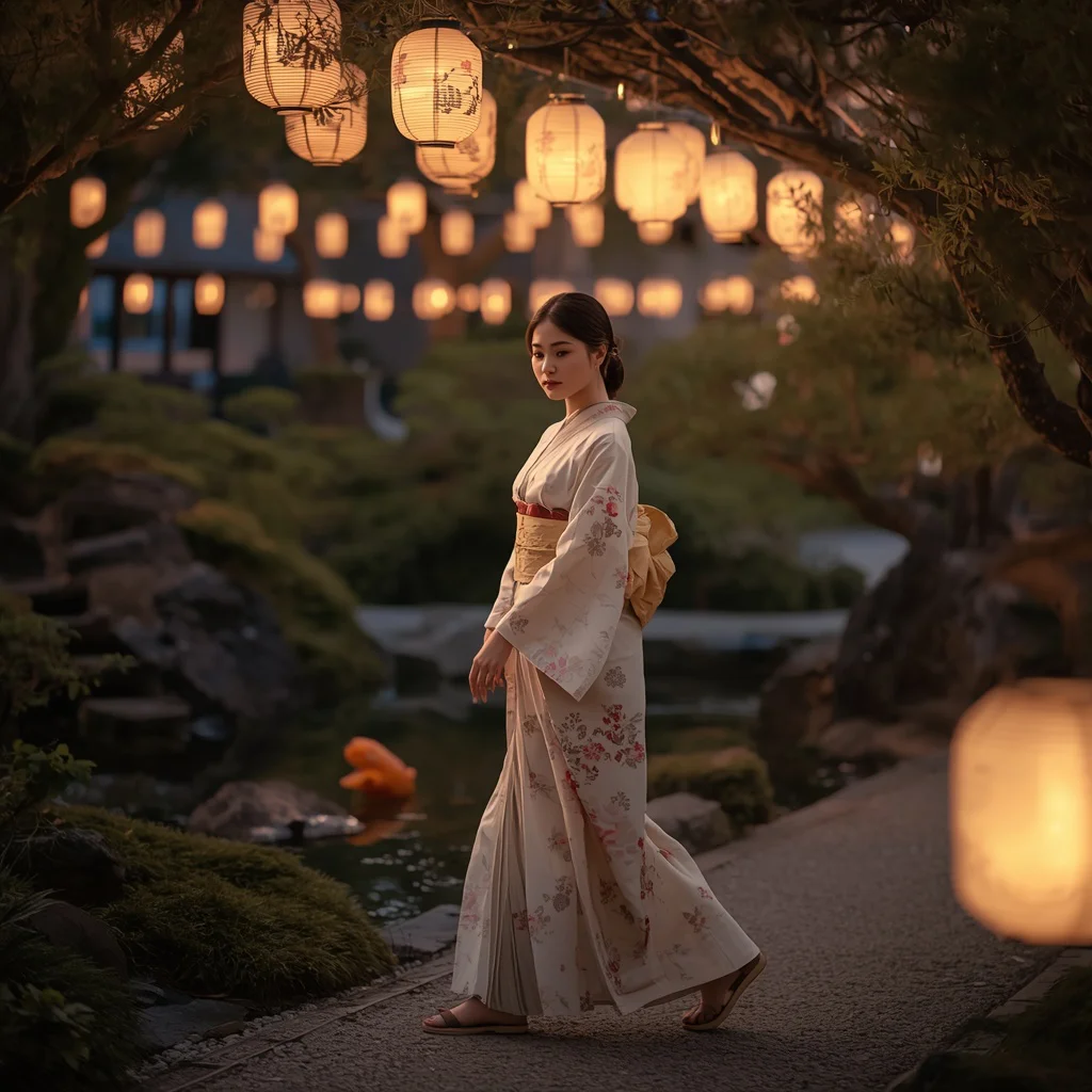 Beautiful Girl in Kimono in Japanese Garden with Lanterns | chatgpt prompt for photo editing trending — AI image prompt