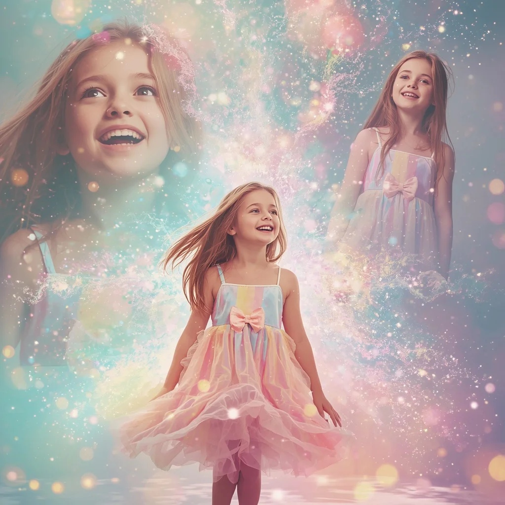 Beautiful Girl Rainbow Dust Motes Whimsical Dream Adventure | traditional prompt for gemini ai girl copy and paste