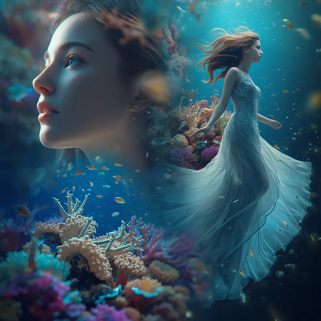Beautiful Woman Living Coral Reef Formation Collage Aquatic Cinematic | instagram profile pic ai prompt — AI image prompt