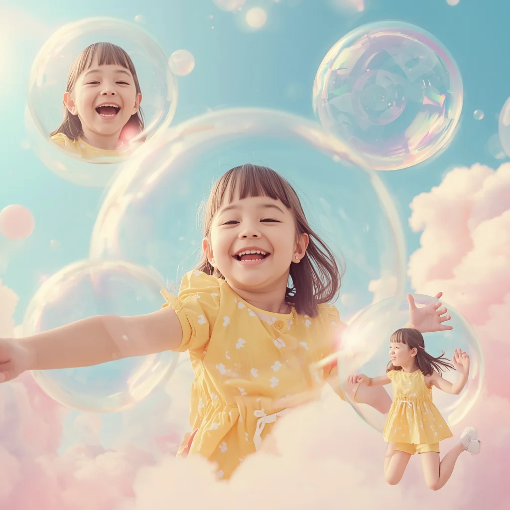 Cute Girl Floating Bubbles with Inner Glow Whimsical Dreamland | prompt for girls college aesthetic — AI image prompt
