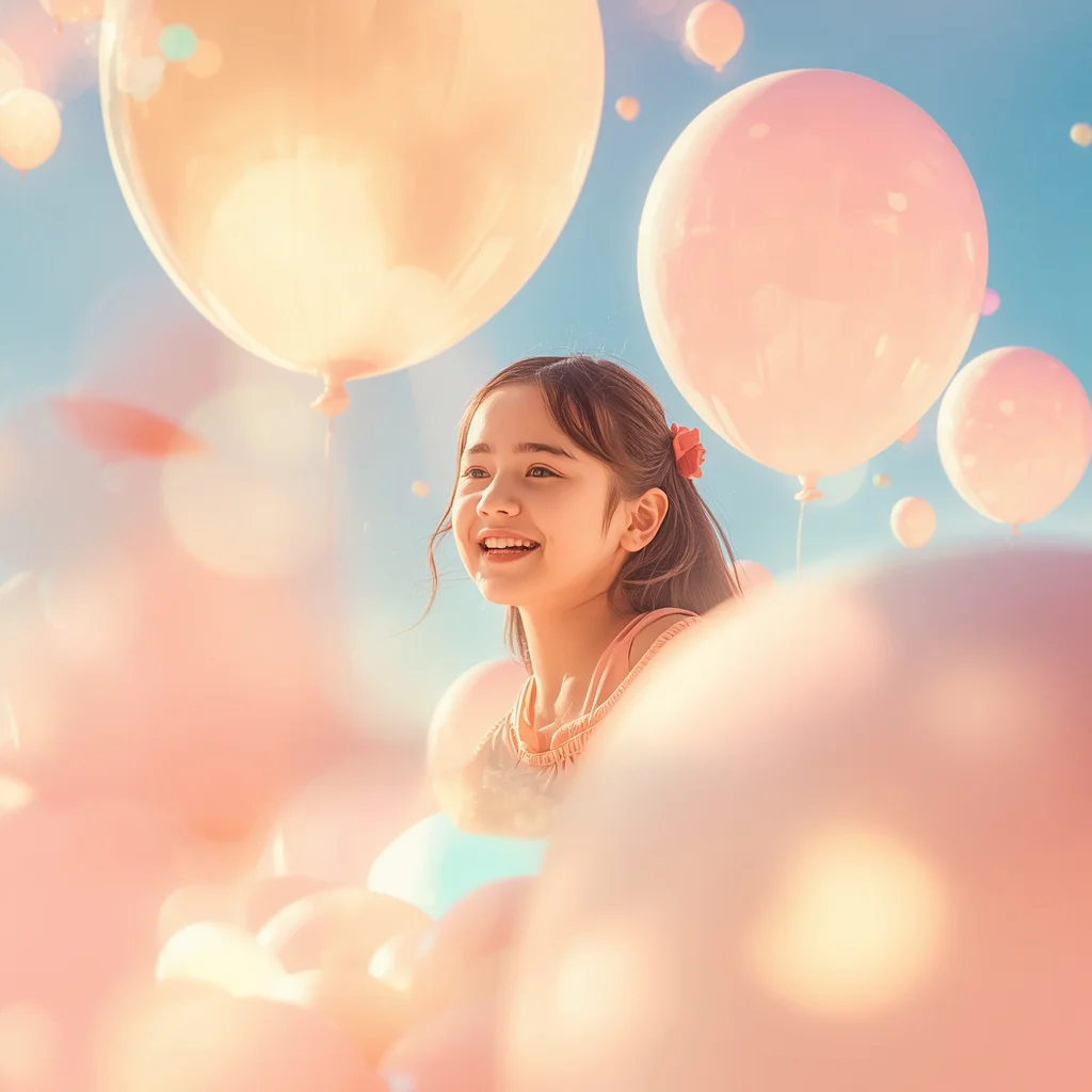 Cute Girl Floating Luminous Balloons Whimsical Sky Playground | chatgpt prompt for photo editing trending — AI image prompt