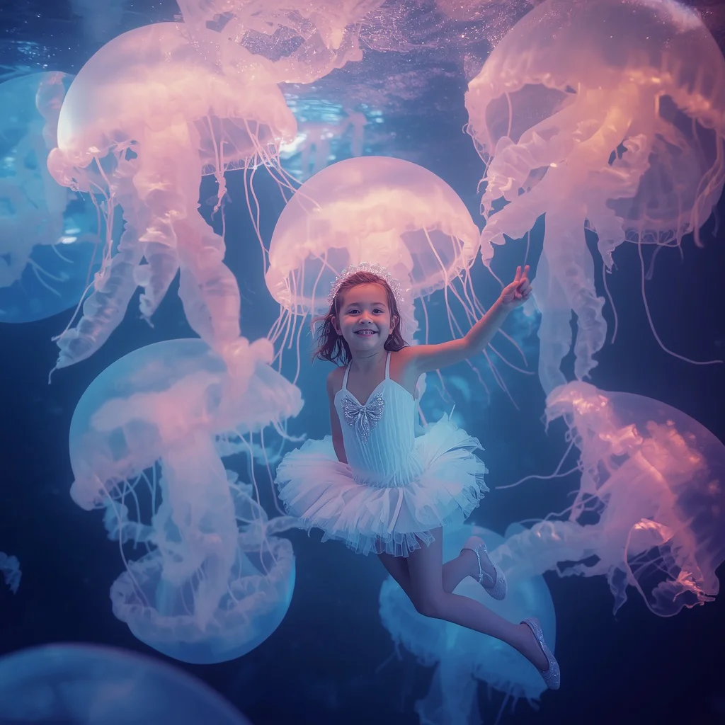 Cute Girl Floating Luminous Jellyfish Playful Underwater Fantasy | ChatGPT photo Editing Prompts for girl