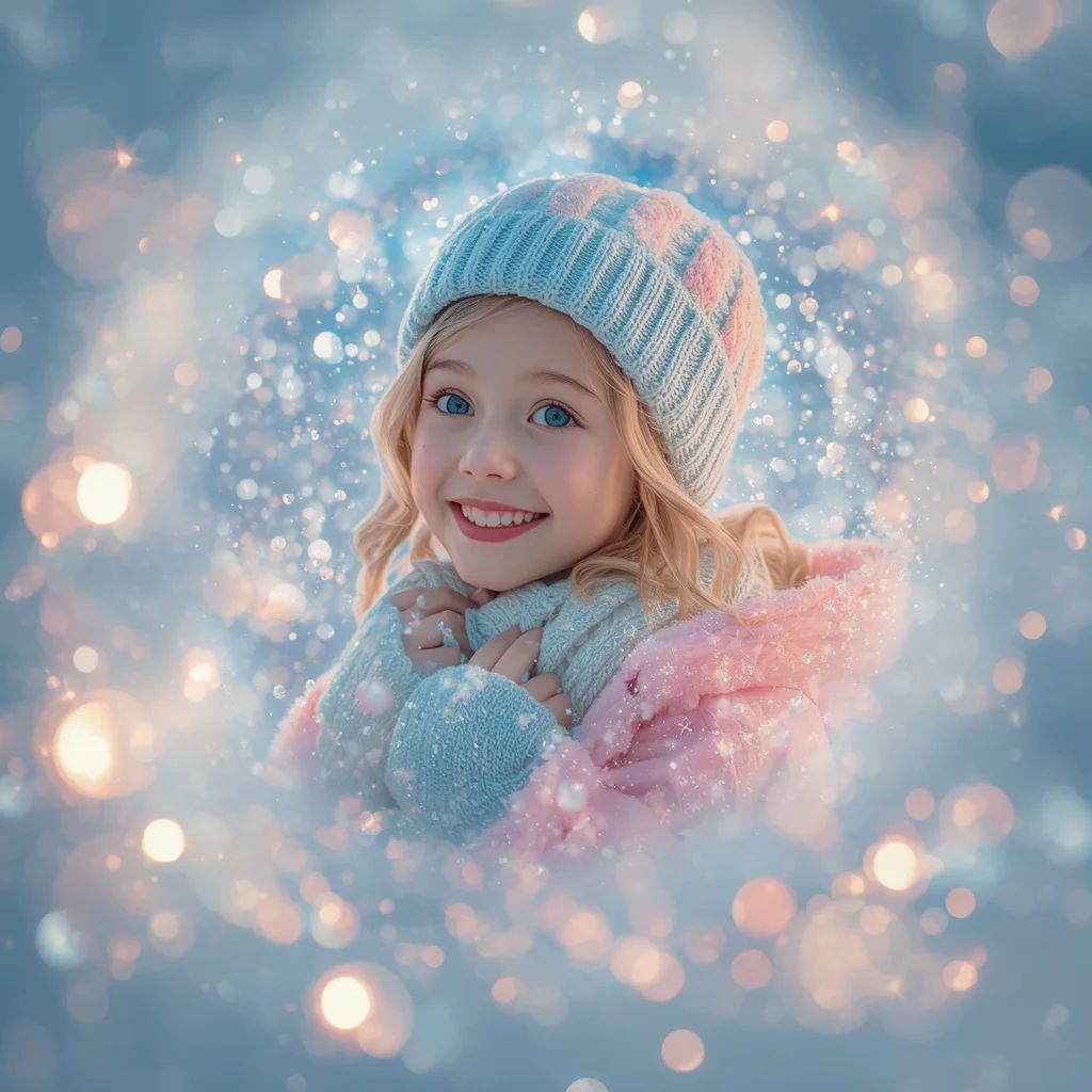 Cute Girl Glimmering Snowflake Swirl Winter Wonderland Magic | Traditional prompt in english images