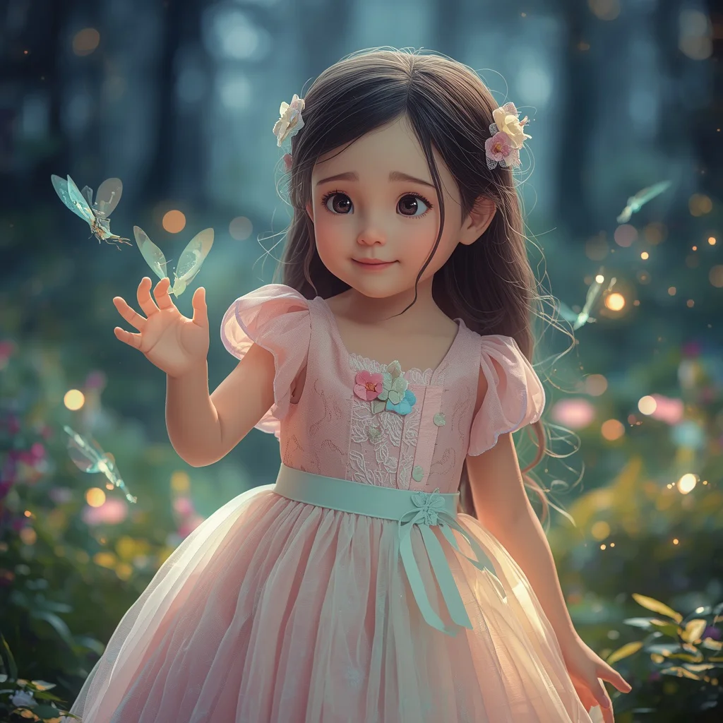 Cute Girl in Whimsical Dress with Bioluminescent Forest Sprites | ai new prompt free