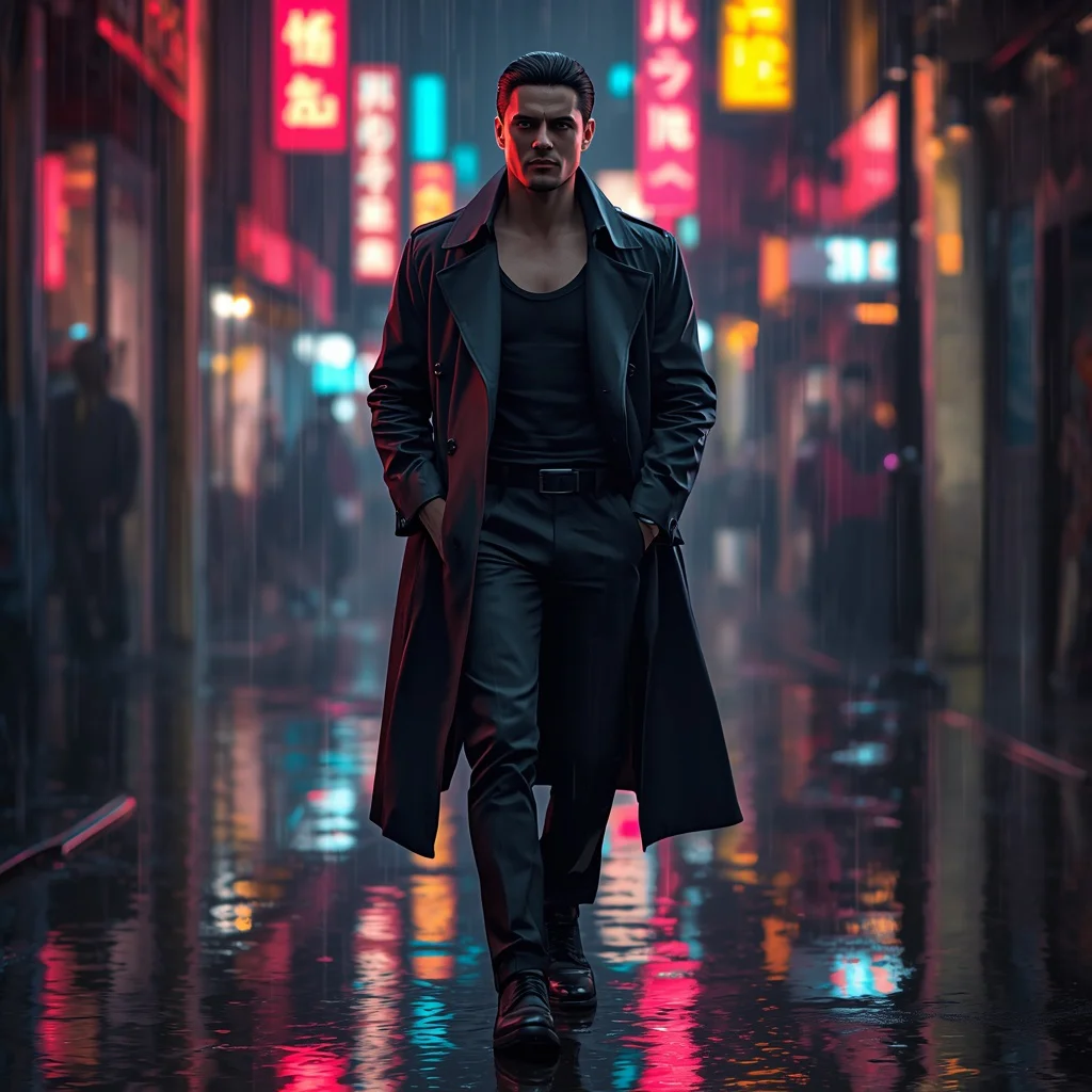 Modern Man in Neon-Lit Alley with Digital Rain Reflections | Indian men prompt love — AI image prompt