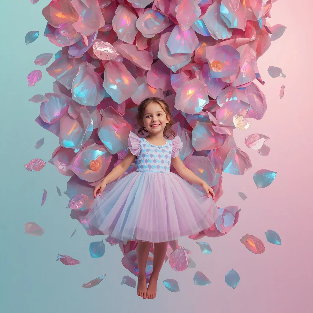 Young Girl Floating Jewel Petal Cascade Whimsical Luxury | Prompt for look for girl Instagram