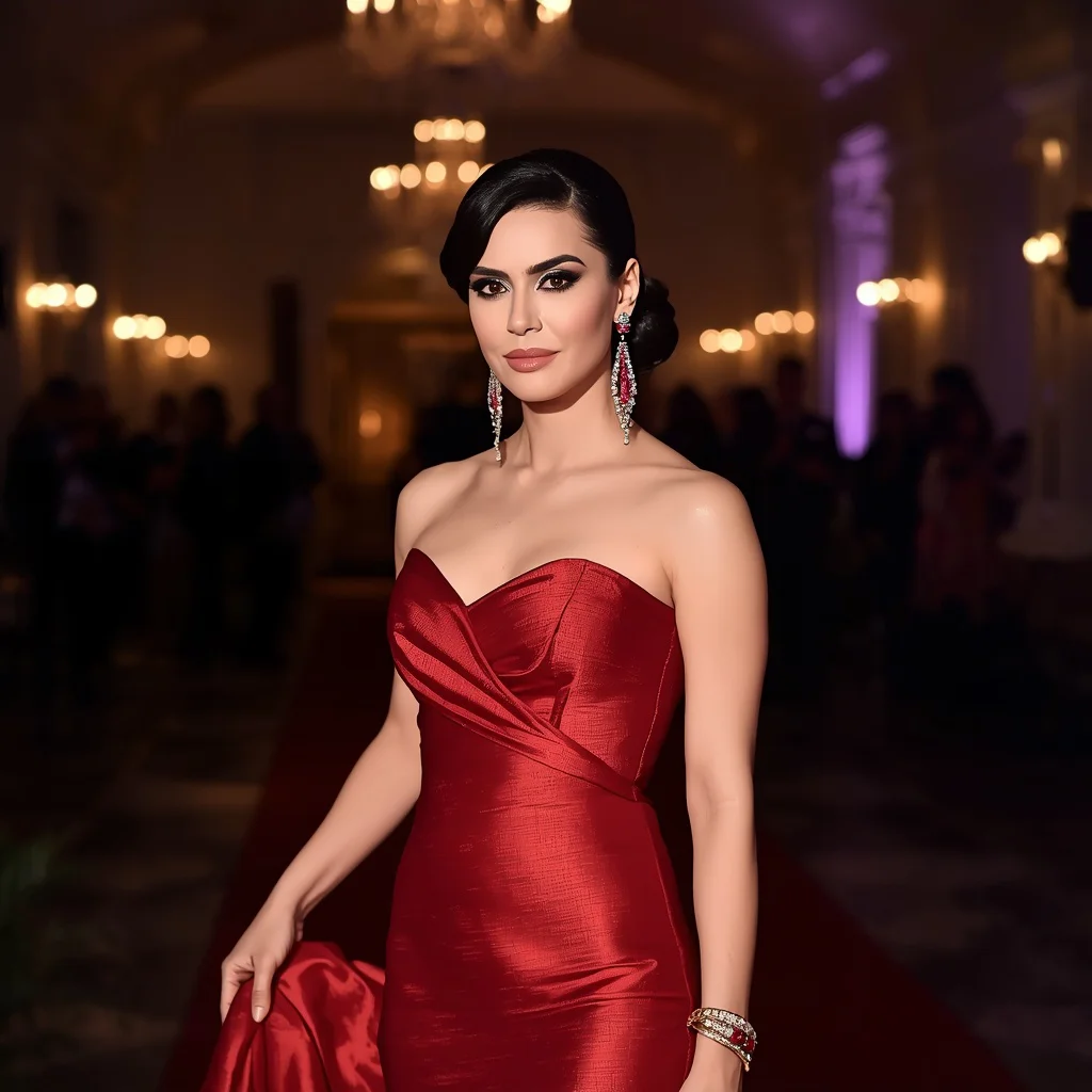 A Starlet's Elegant Presence in a Red Gown — AI image prompt