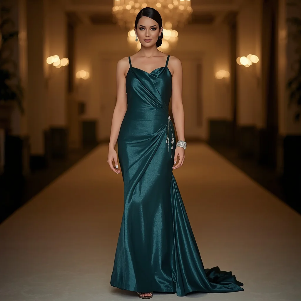 A Starlet's Elegant Presence in a Teal Gown — AI image prompt