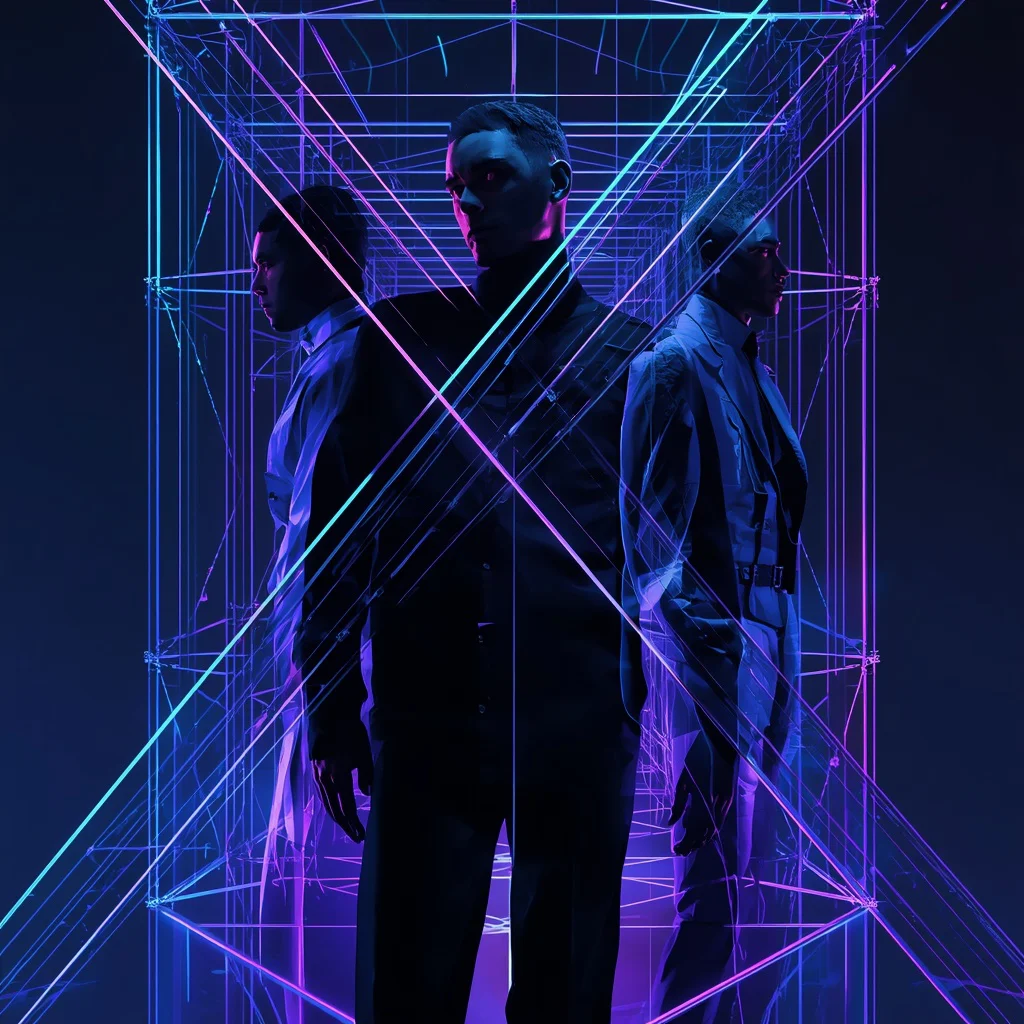 Abstract Collage of a Man with Intersecting Wireframe Structures — AI image prompt