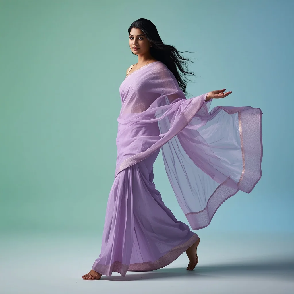 Beautiful Indian Woman in a Pastel Lavender Saree, Graceful and Dynamic Flow — AI image prompt