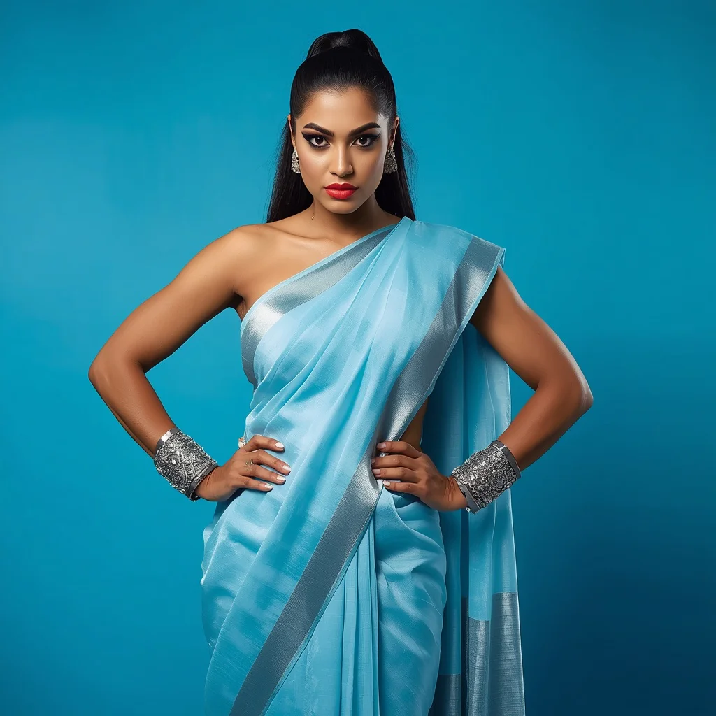 Bold Indian Woman in a Sky Blue Pastel Saree, Modern and Assertive — AI image prompt
