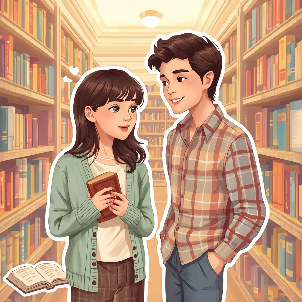 Bookstore Rendezvous in Soft Pastel Sticker-Art — AI image prompt