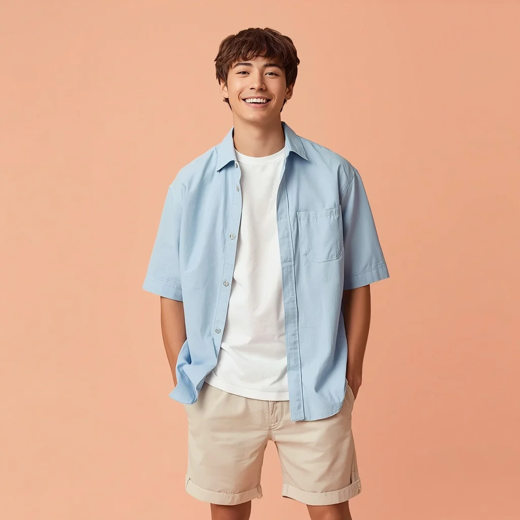 Charming Youthful Appeal Against a Soft Peach Palette — AI image prompt