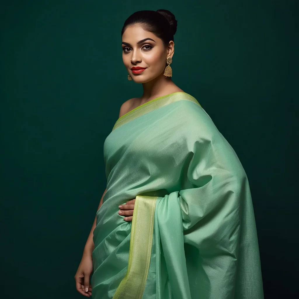 Confident Indian Woman in an Emerald Green Pastel Saree with Bold Presence — AI image prompt