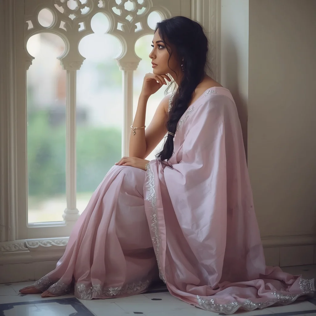 Contemplative Indian Woman in a Lilac Pastel Saree by an Ornate Window — AI image prompt