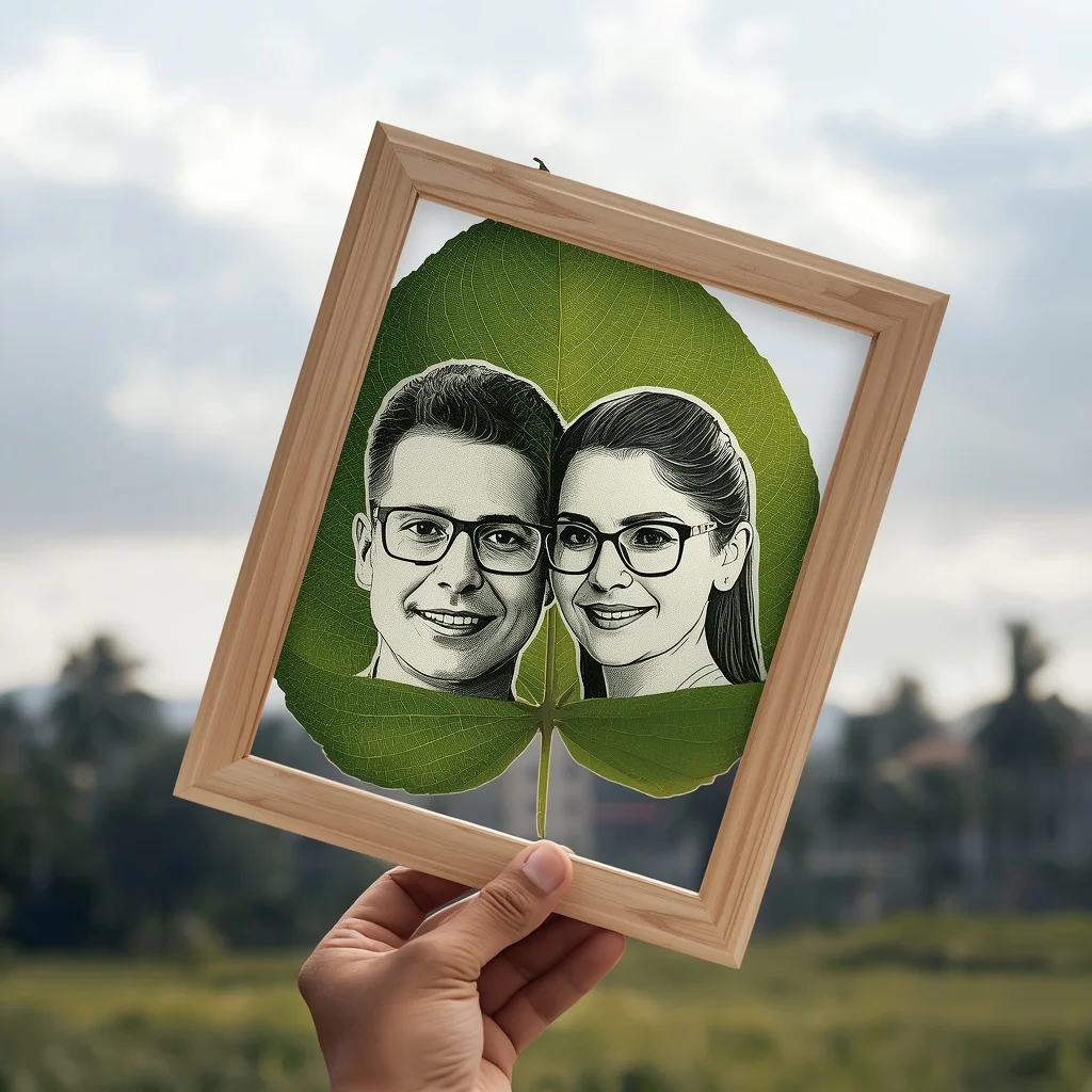 Couple Portrait Printed on a Fresh Green Leaf in a Minimalist Frame — AI image prompt