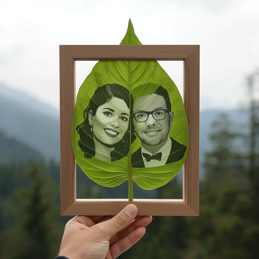 Couple Portrait Printed on a Vibrant Green Leaf in a Rustic Frame — AI image prompt