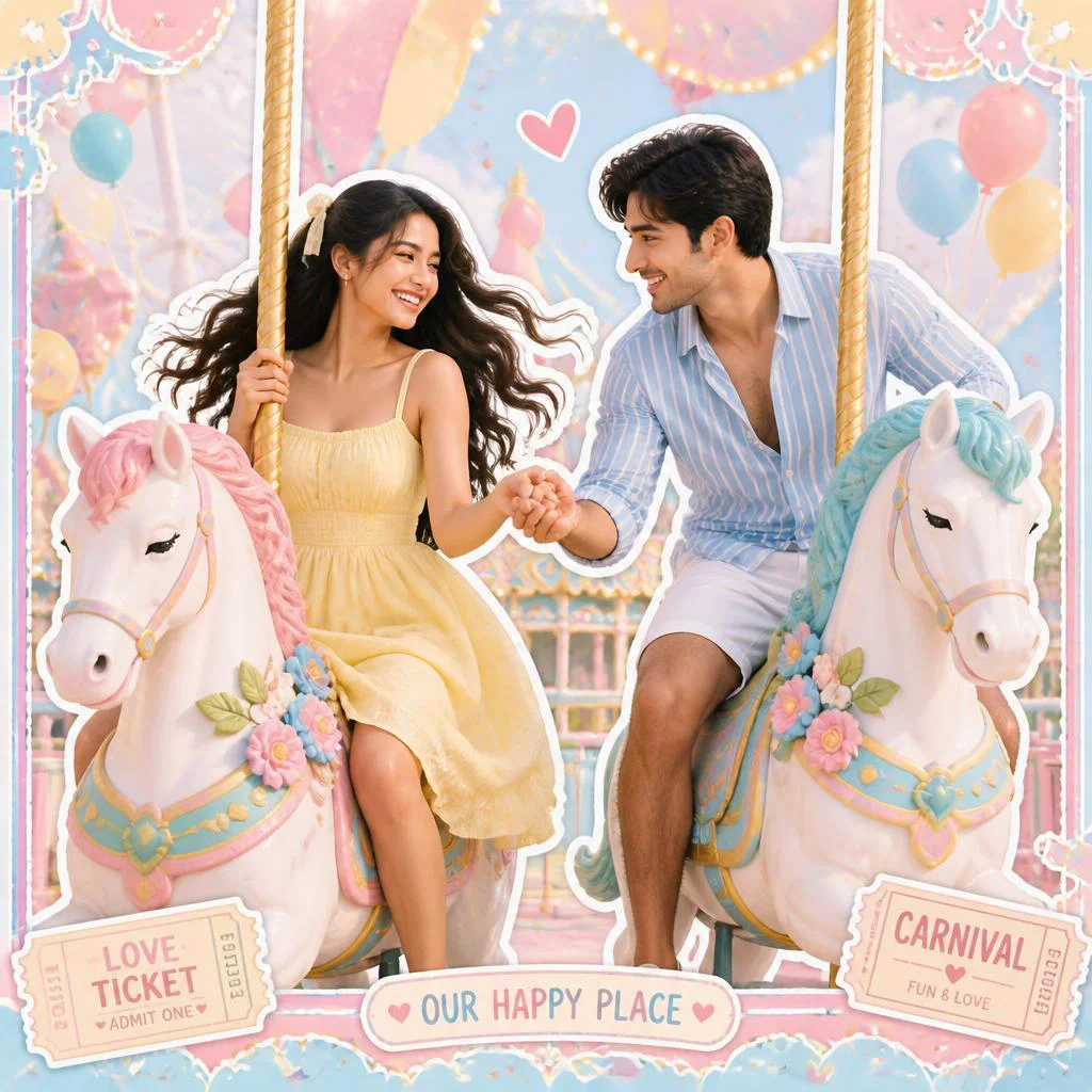Couple's Whimsical Carousel Ride in Pastel Sticker — AI image prompt