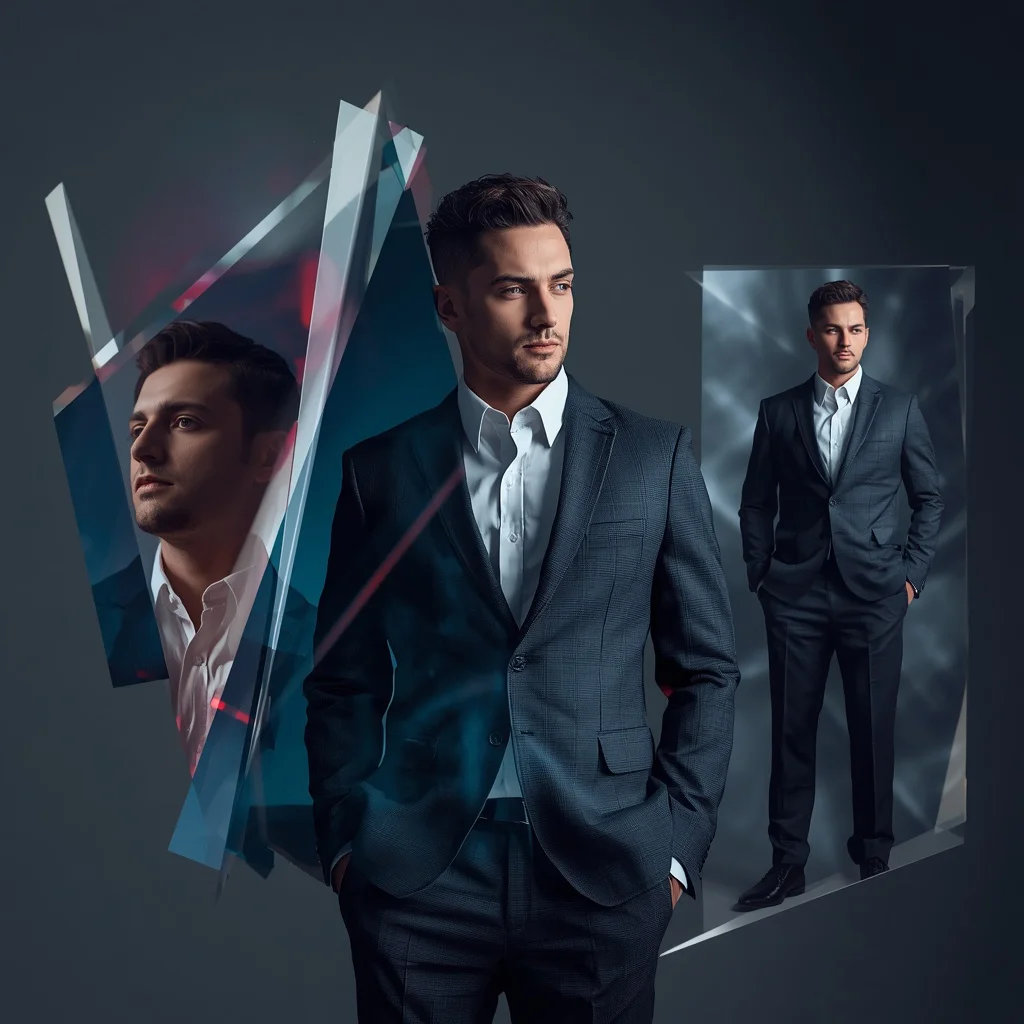 Creative Collage of a Man with Intersecting Geometric Light Prisms — AI image prompt