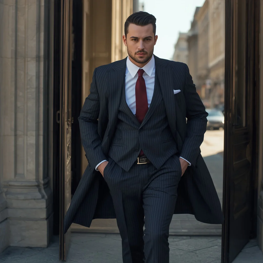 Dashing Man in a Sharp Charcoal Pinstripe Suit — AI image prompt