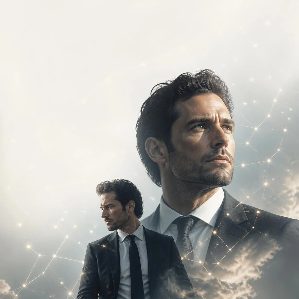 Dreamy Collage of a Man in a Dark Suit with Glowing Constellations — AI image prompt