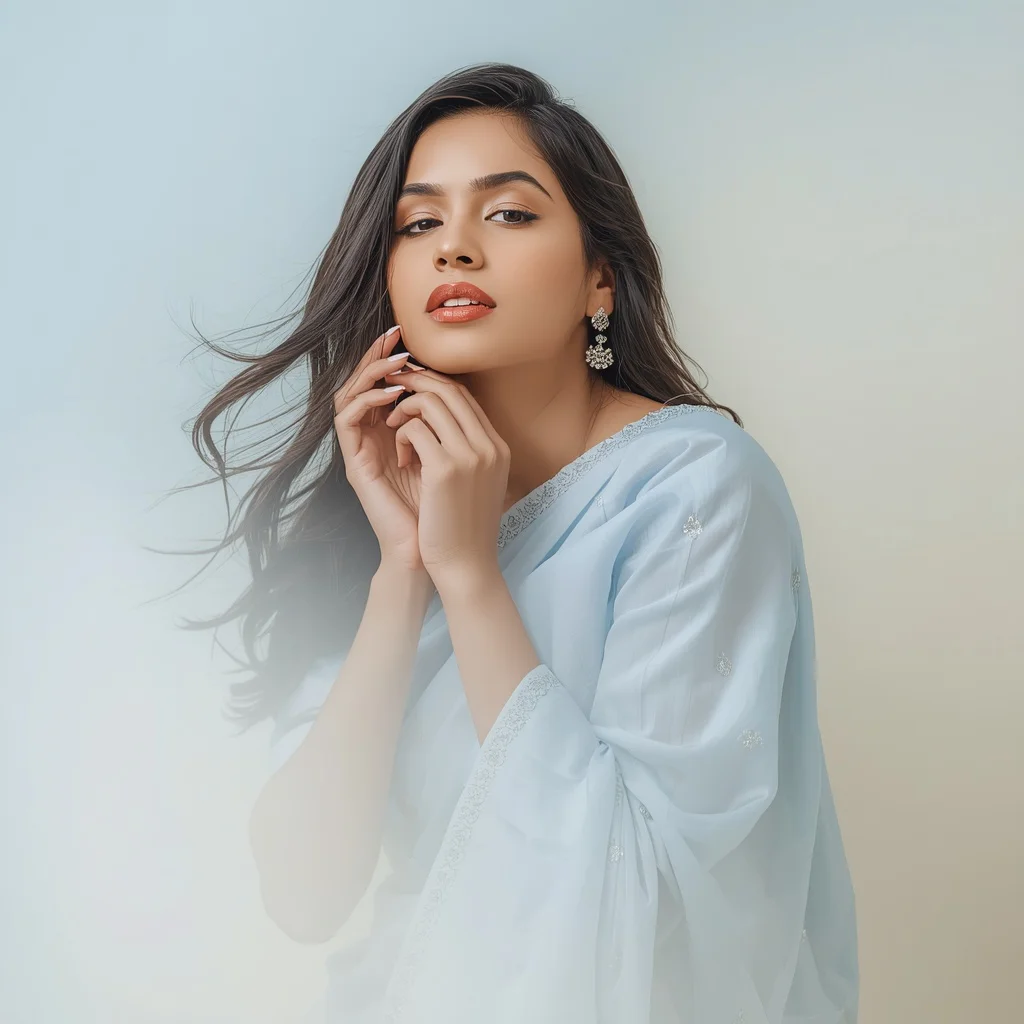 Dreamy Indian Woman in a Pastel Blue Saree, Enveloped in a Serene Aura — AI image prompt