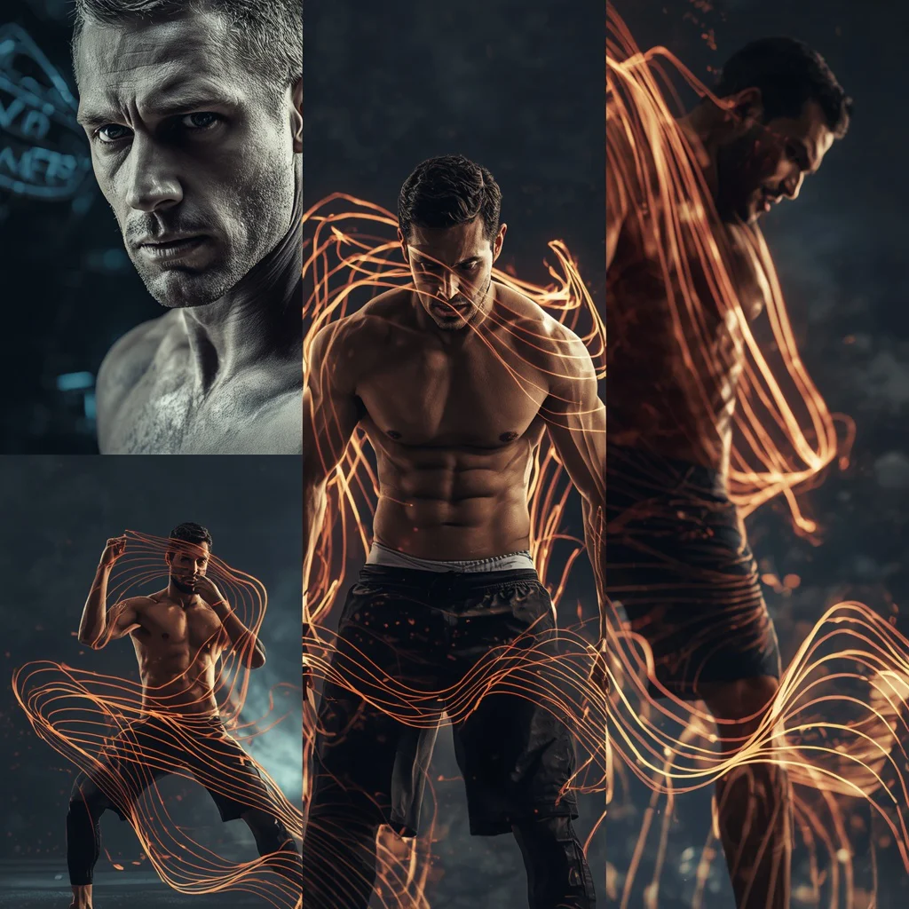Dynamic Collage of a Man in Activewear with Abstract Energy Waves — AI image prompt