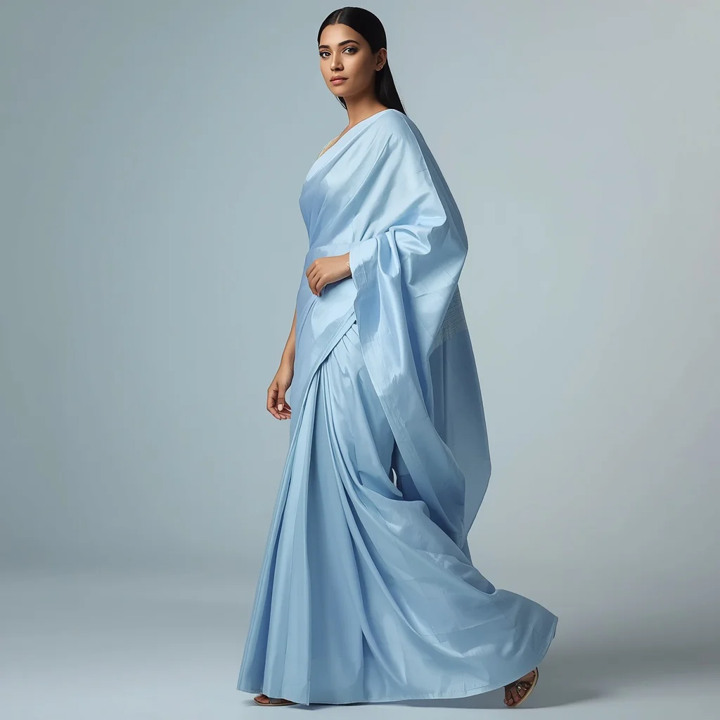 Elegant Indian Woman in a Pastel Blue Saree, Sculpted and Sophisticated Charm — AI image prompt