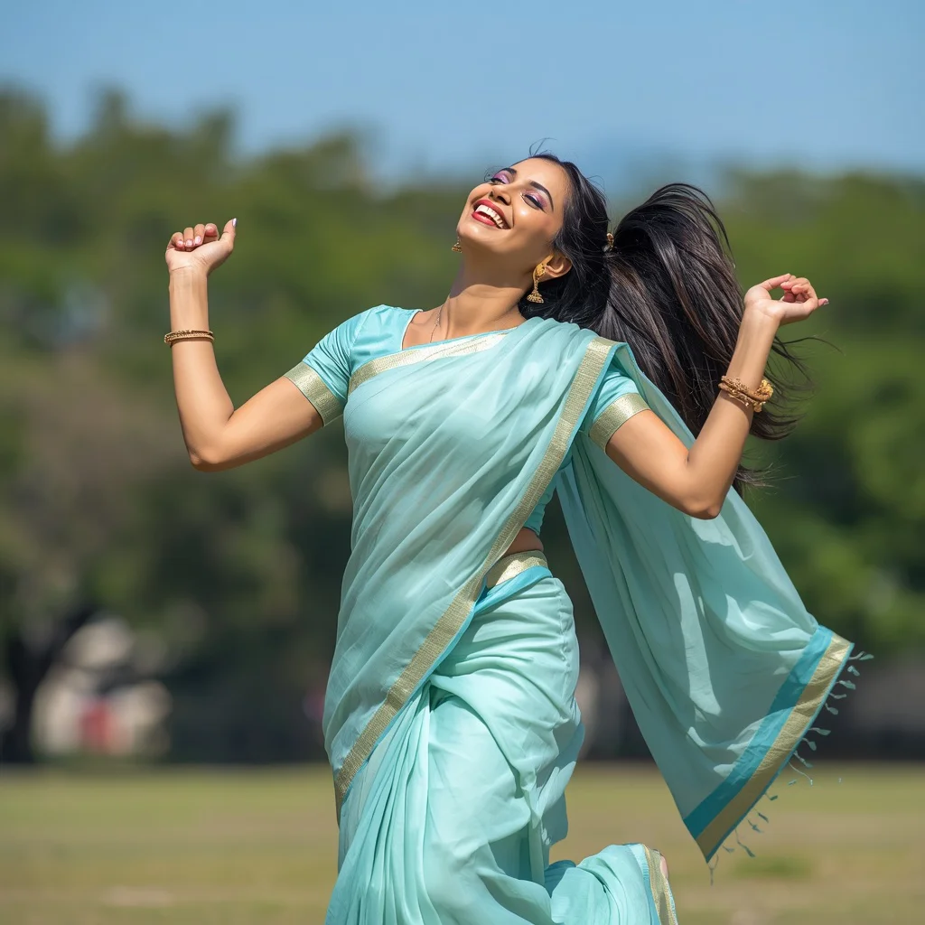 Energetic Indian Woman in a Teal Pastel Saree with a Playful Skip — AI image prompt