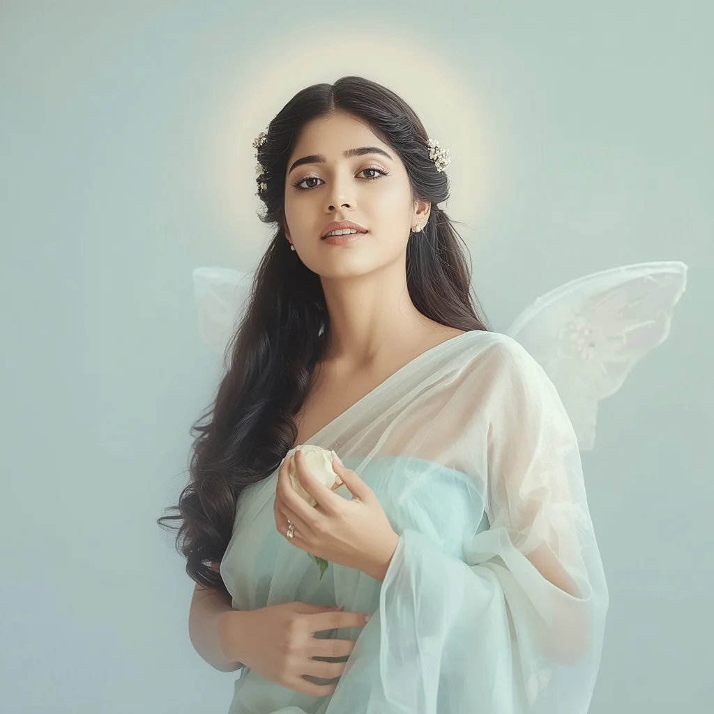 Ethereal Indian Woman in a Pale Mint Green Pastel Saree with a Dreamlike Aura — AI image prompt