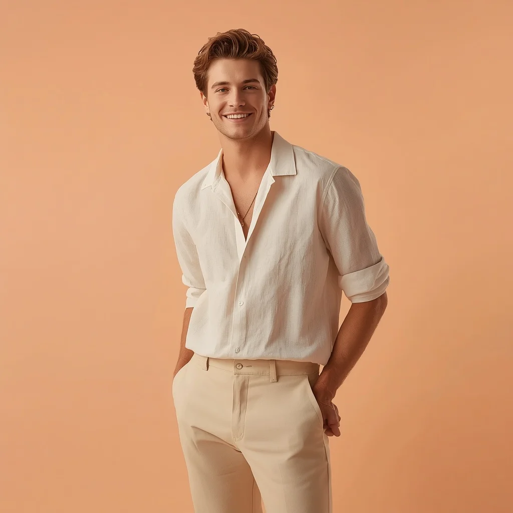 Fresh and Stylish Masculinity Against Powder Peach Hue — AI image prompt