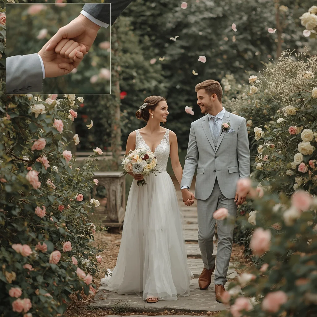 Garden Stroll Wedding Amidst Soft Petals — AI image prompt