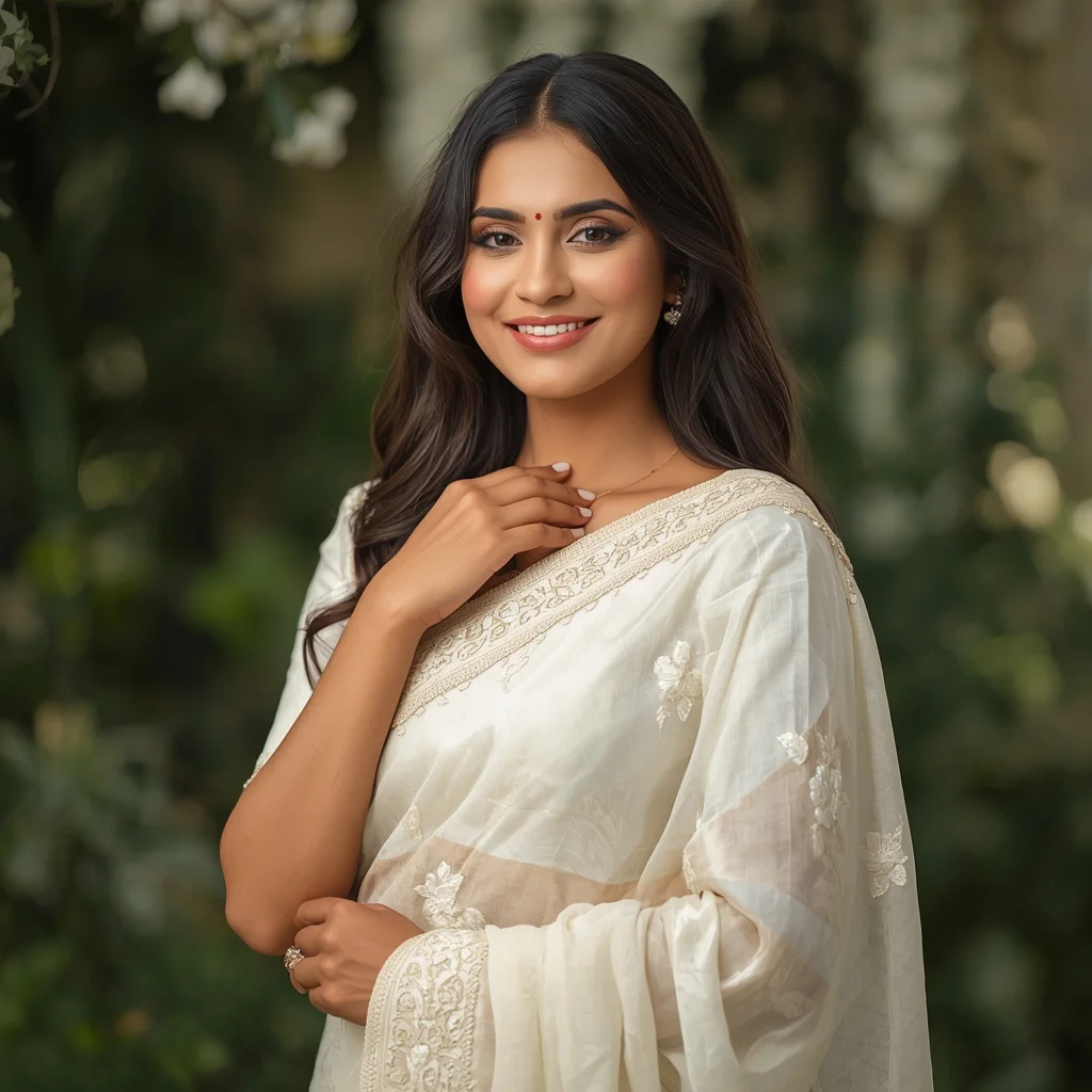 Gentle Indian Woman in a Cream Pastel Saree with Soft Floral Details — AI image prompt