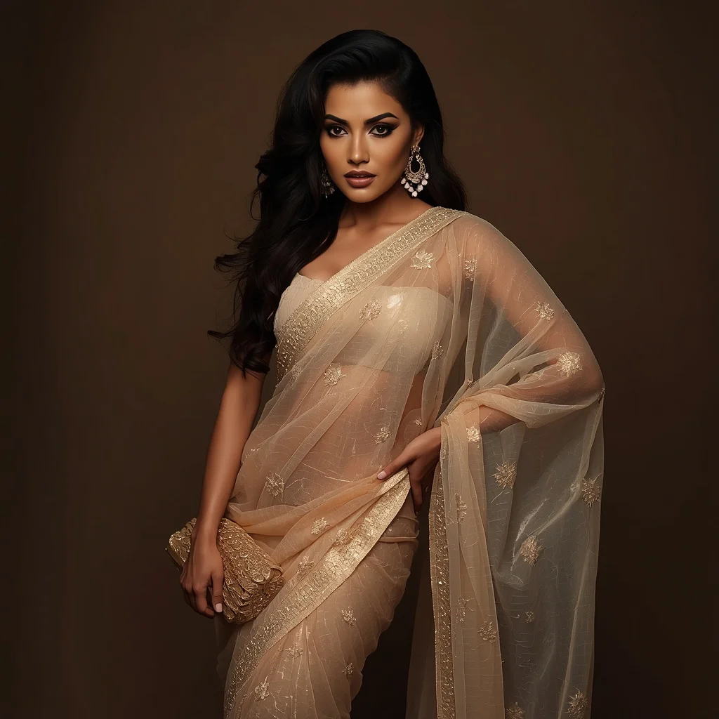 Glamorous Indian Woman in a Shimmering Pastel Gold Saree with High Fashion Edge — AI image prompt