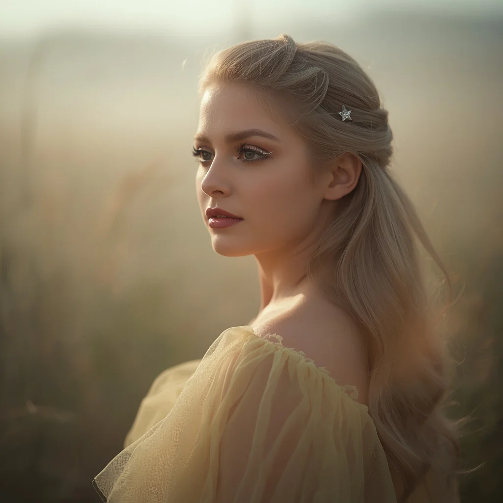 Hollywood Dreamer's Gaze in a Soft-Lit Meadow — AI image prompt
