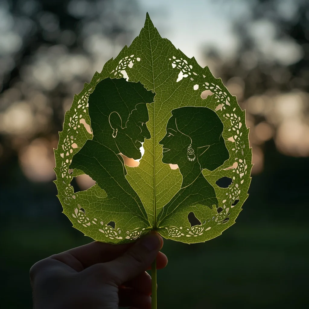 Intricately Carved Peepal Leaf Couple Silhouette with Elaborate Borders — AI image prompt