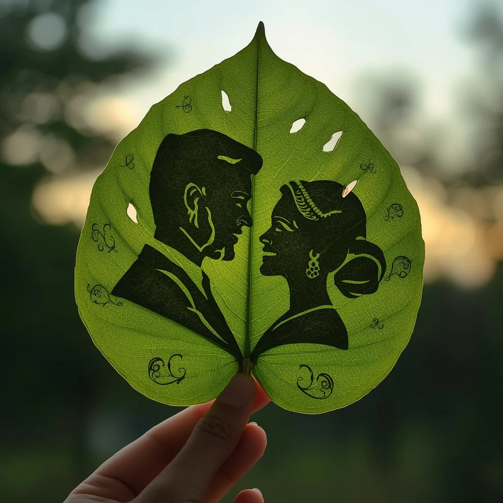 Intricately Carved Peepal Leaf Couple Silhouette with Modern Design — AI image prompt