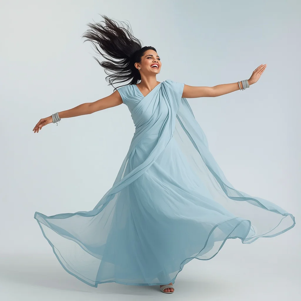 Joyful Indian Woman in a Powder Blue Pastel Saree, Twirling with Delight — AI image prompt