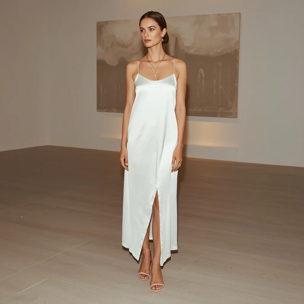 Minimalist White Slip Dress for a Sophisticated Art Gallery Opening — AI image prompt