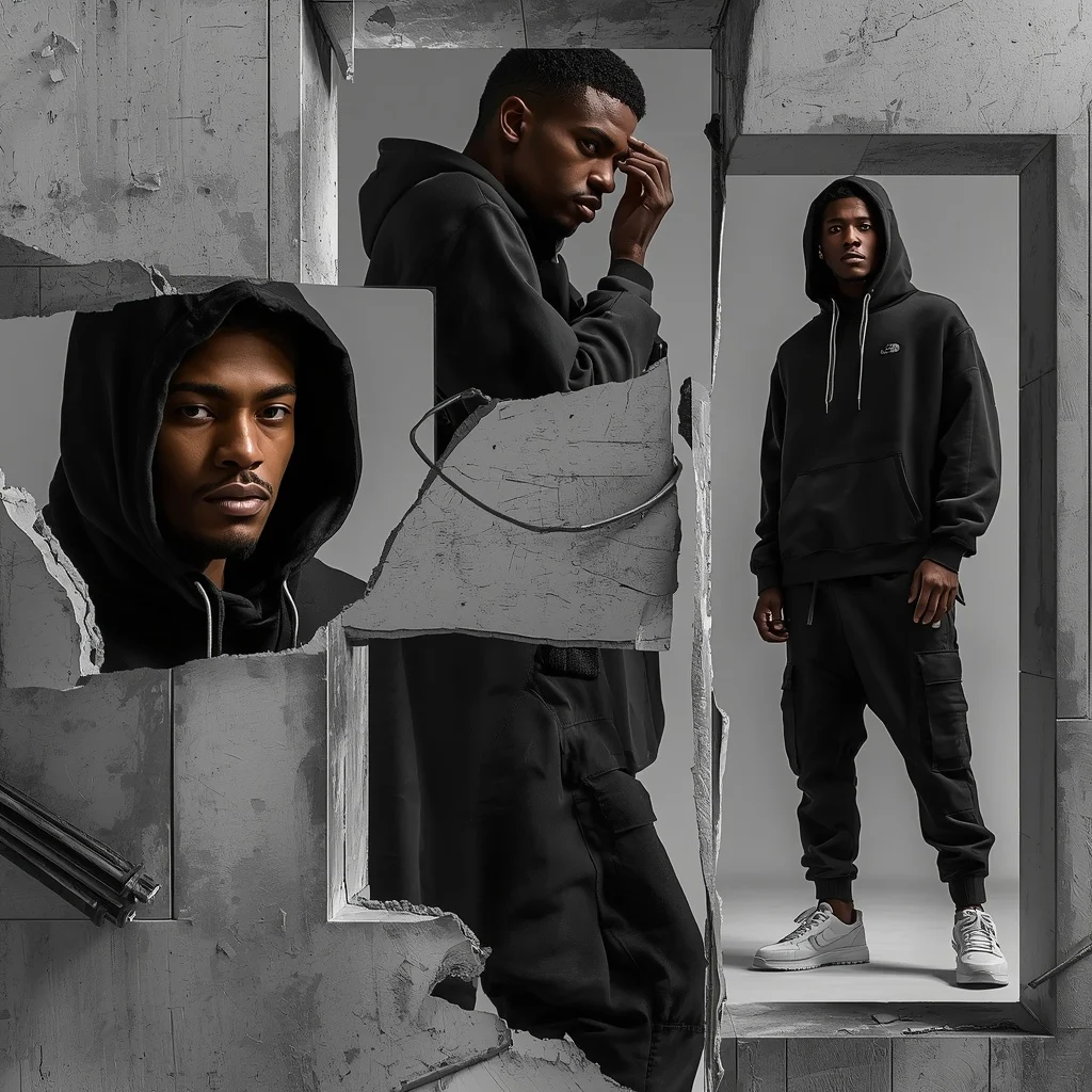 Modern Collage of a Man in Streetwear with Deconstructed Architectural Elements — AI image prompt