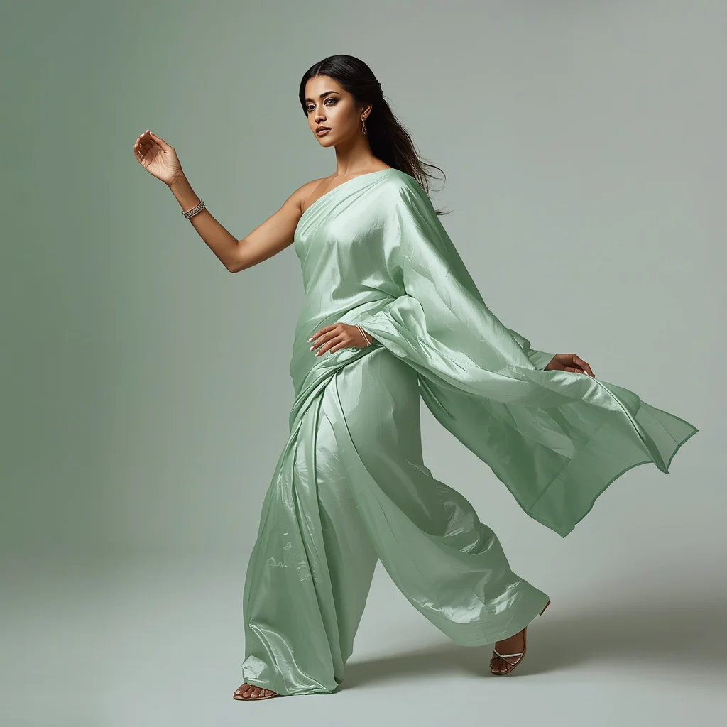 Modern Indian Woman in a Mint Green Pastel Saree with Dynamic Elegance — AI image prompt