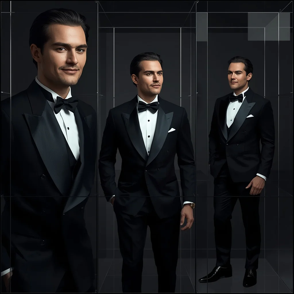 Modern Luxury Collage of a Man in a Tuxedo within Glass Panels — AI image prompt