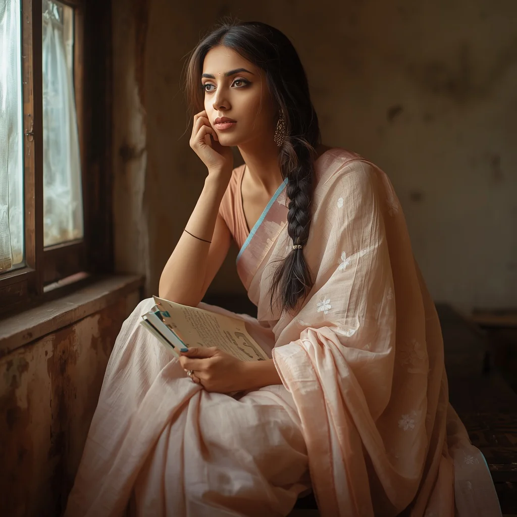 Pensive Indian Woman in a Blush Peach Pastel Saree by a Rustic Window — AI image prompt