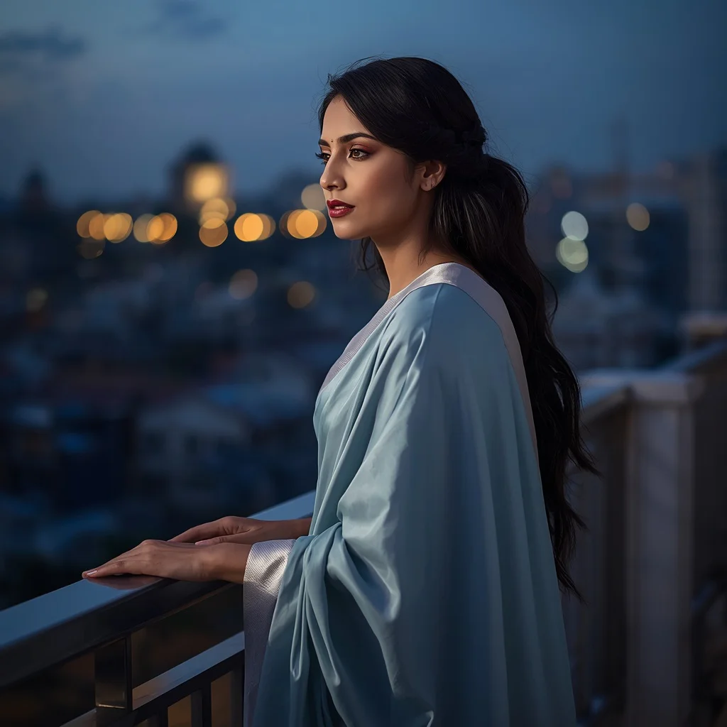 Pensive Indian Woman in a Dusty Blue Pastel Saree, Overlooking a Cityscape — AI image prompt