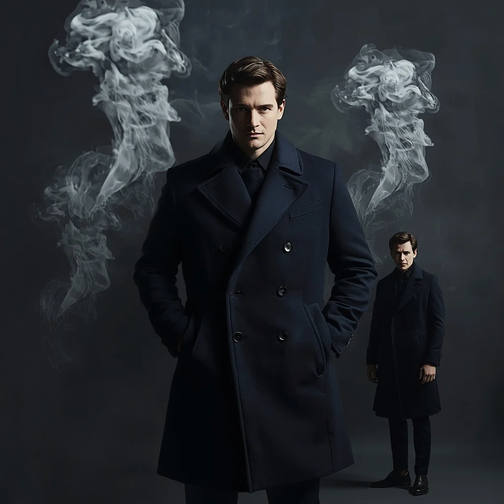 Premium Collage of a Man in a Dark Coat with Abstract Smoke Forms — AI image prompt