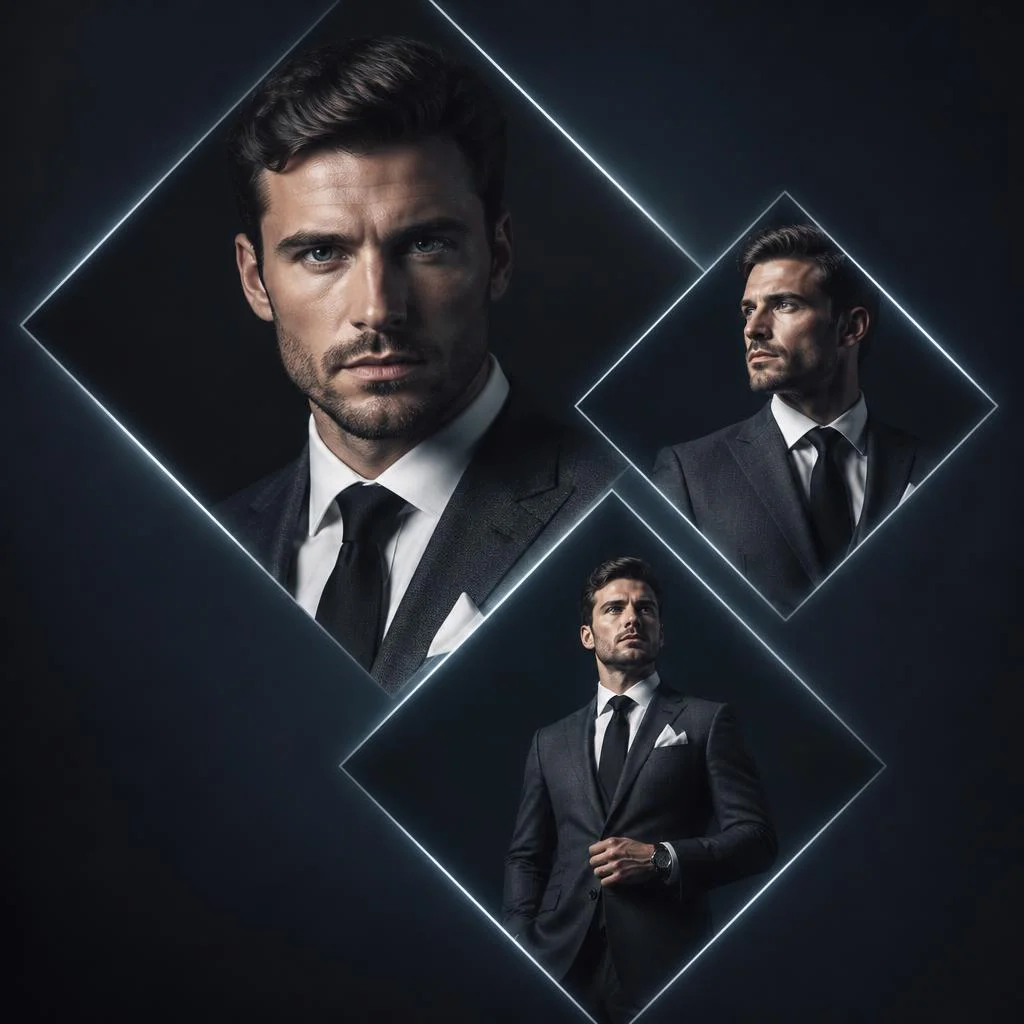 Premium Collage of a Man in a Sharp Suit with Floating Diamonds — AI image prompt